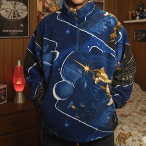 VINTAGE 80s Custom Star Wars Fleece Half-Zip Pullover Space Galaxy Print XL/2XL